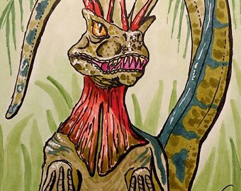 Original "Dilophosaurus" Dinosaur Art Trading Card