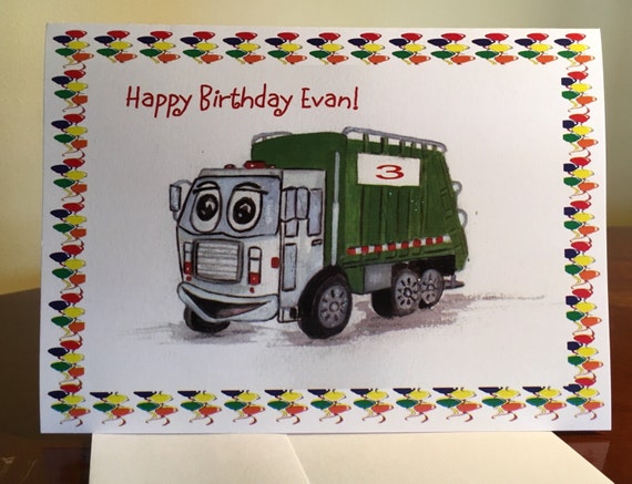 Garbage Truck child's Birthday water color print card