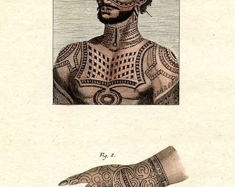 TATTOO, c.1790, Original Hand Colored, Very Detailed, ENGRAVING, in French and German, Superb Condition