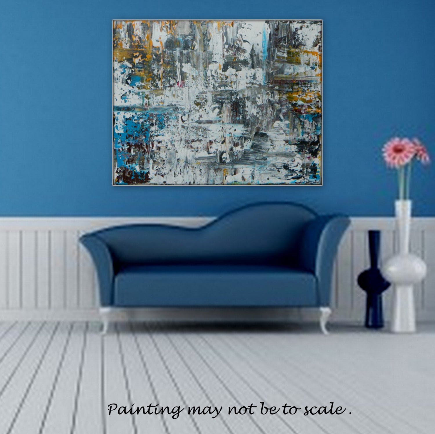 LARGE original acrylic painting Color Black White Blue Yellow custom