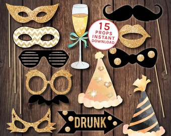 Photo booth props, printable props, black and gold props, new years eve party, printable party props, printable glasses, wedding props