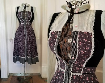 Vintage 70s Black Floral and lace Gunne Sax Dress Small xs