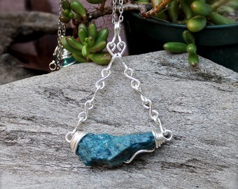 SALE Blue Apatite Necklace - Raw Stone Jewelry - Bohemian Jewelry - Rough Stone Necklace Apatite Jewelry - Gemstone Pendant - Boho Necklace