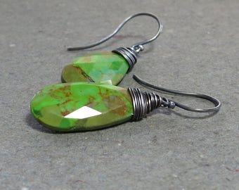 Green Turquoise Earrings Large Gemstones Oxidized Sterling Silver Earrings Gift for Wife Gift for Girlfriend