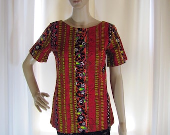 1970's Hawaiian Barkcloth Top, Small, Barkcloth, Floral, Abstract, Red, Hawaiin, Hawaii, Hawaiian, Tunic, Resort Wear, Short Sleeve, 70's