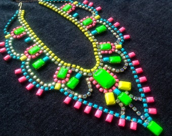 Neon Custom Hand Painted Rhinestone Statement Necklace - Tom Binns look