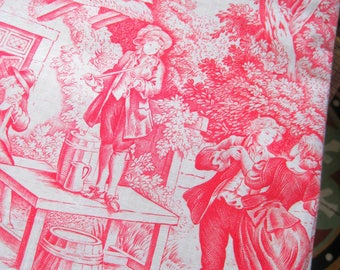 Toile de Jouy Fabric, French Vintage Fabric, Red & White Toile Fabric, French Jouy Print, French Pastoral Print, 1930s French Toile Fabric
