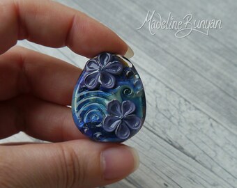 Pretty blue and purple Flower Bead, pendant bead, floral bead, blue, purple flowers, Lampwork Focal Bead SRA, handmade artisan glass,