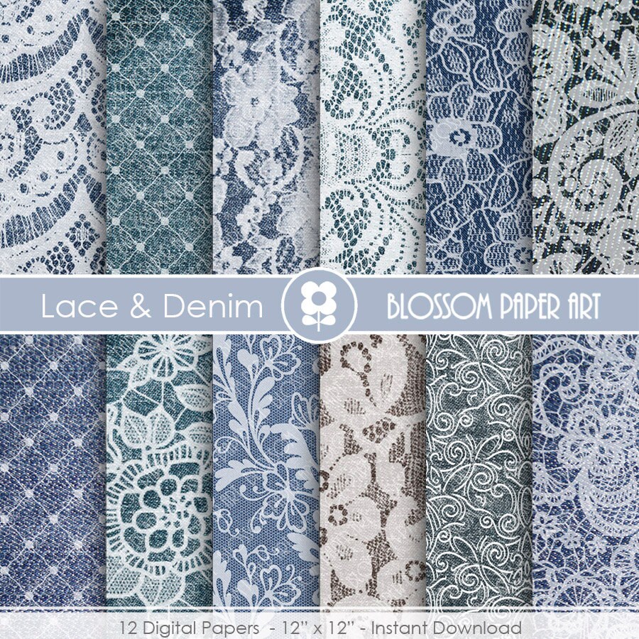 Lace Denim Digital Paper Scrapbook Lace Digital Paper Pack