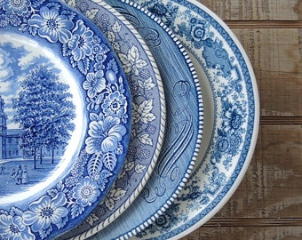 Mismatched Blue and White Dinner Plates for Weddings Set of 4 English Blue Transferware English China, Rustic Replacement China
