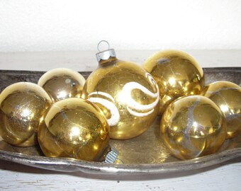 soft gold Christmas ornaments - vintage glass balls one with snowy white swirls - shabby cottage chic distressed - ornate hollywood regency
