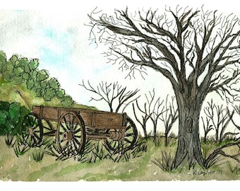 Original Pen and Ink with Watercolor Painting - Old Wooden Wagon in Pasture Beside Tree - Not a Print