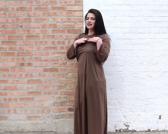 Vintage 70s Dress | Brown Dress with Bell Sleeves | Maxi Dress | Lilli Diamond Dress | Beaded Dress | Large Dress L | Size 12 Dress | Disco