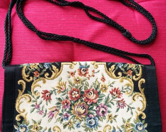 Vintage flowers needlepoint embroidered Black Purse tapestry Boho Hippie Asian Chinese French style petit point bag 9" x5.5"