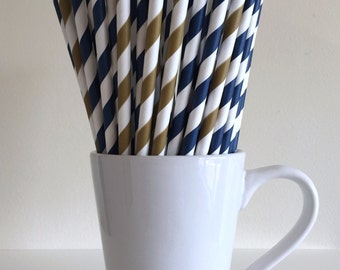Navy and Gold Striped Paper Straws Navy Blue and Dark Gold Party Supplies Party Decor Bar Cart Cake Pop Sticks Party Graduation