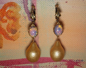 Sunrise on Golden Pond Vintage Fire Opal earrings with golden teardrops