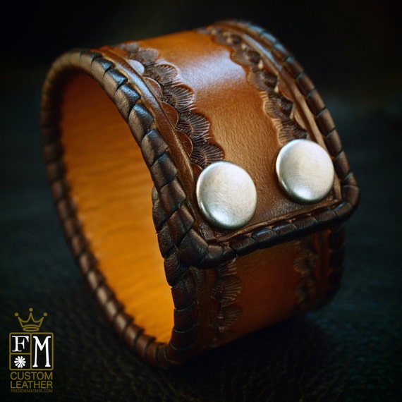 Leather cuff bracelet Custom Brown Tan sunburst Hand stamped and Laced Made for YOU in New York by Freddie Matara