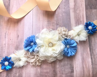 Flower Sash Boy Maternity Sash Blue Pregnancy Sash Gender Reveal Party Baby Shower Gift Keepsake Baby Boy
