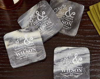 Matisse Personalized Marble Coasters Set of 4 - Handsome Engraved Marble - Beautiful Wedding Gifts, Housewarming, Engagement, Anniversary