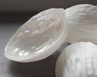 Ring holder. Big walnut shells made from stoneware fine bone china with mat mother of pearl interior - iridescent - ring dish - ring holder