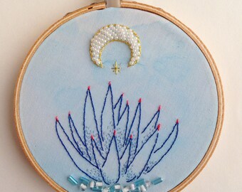 Blue Agave Moon beaded embroidery hoop wall art