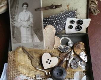 Vintage Treasures in a Rare Tin, Granny's Treasures in Mysterious Cigarette Box,Mixed Media,Art Supply,Nib,Scrapbooking,Embellishments