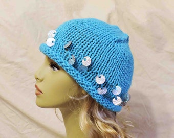 Hand Knit Beanie Turquoise Yarn and Silver Sequin