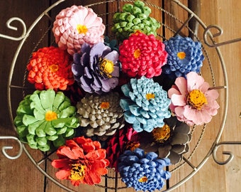 Pastel Zinnia Pinecone Flower Bowl Filler, Pine Cone Basket Fillers, Painted Pinecones, Spring Summer Pastel Colors, Pinecone Daisy Dahlias