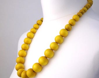Long Yellow Chunky Necklace | Yellow Wooden Bead Necklace | Yellow Statement Necklace