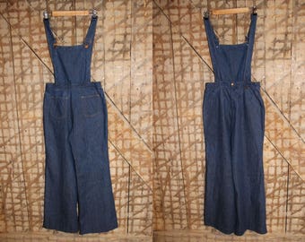 70s WRANGLER denim Overalls , 70s Jean Overalls , Dark Denim Jumpsuit , Vintage Wrangler Mom Overalls , Bell bottoms 70s Jeans Dress romper