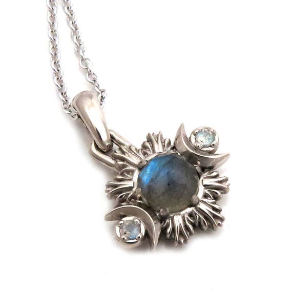 Labradorite Moon Fire Pendant - 14k Palladium White Gold Moon Phase Necklace - Ready to Ship