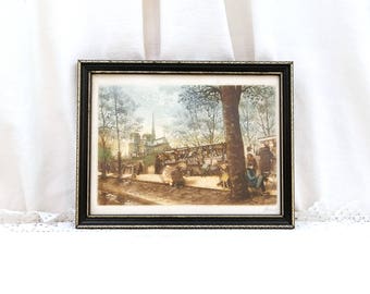 Vintage Original Signed Colored Aquatint Etching of Notre Dame de Paris and the Bouquinistes by Artist Hubert, Framed French Engraving