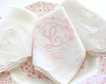 HANDKERCHIEF, Vintage Script Monogram, Embroidered Ladies' Handkerchief, Letter "L", Bride to Be, Bridal Shower Gift Inspiration