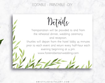 Wedding Details Card, Greenery, Editable PDF, Direction Card, Wedding Info Card, Information Card, Wedding Details,Accommodation Cards