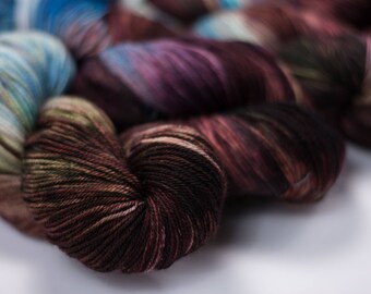 Hand Dyed Sock Yarn, Variegated Blue Green and Purple, Superwash Merino Wool, Cashmere, and Nylon, Color "Desert Mystery"