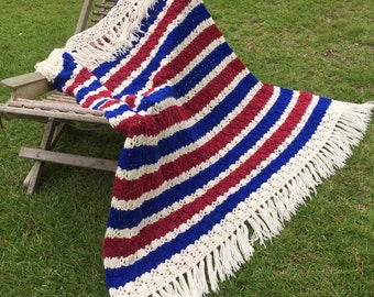Patriotic afghan red white blue crocheted throw summer lap