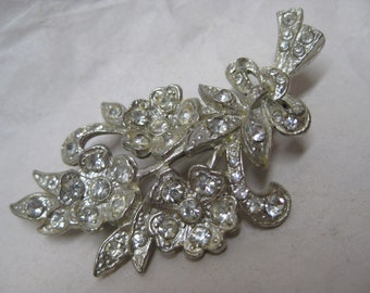 Flower Rhinestone Silver Clear Brooch Vintage Pin