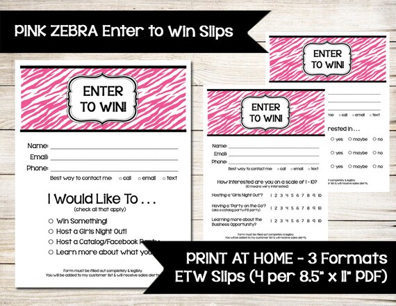 PINK ZEBRA Enter to Win Sign Door Prize Drawing Slip