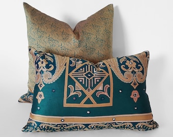 Ready to Ship, Decorative Pillow, Boho Pillows, Bohemian Pillow Covers, Blue Green, Gold, Teal Pillow, Sari, Throw Pillows, 14x20, 20x20