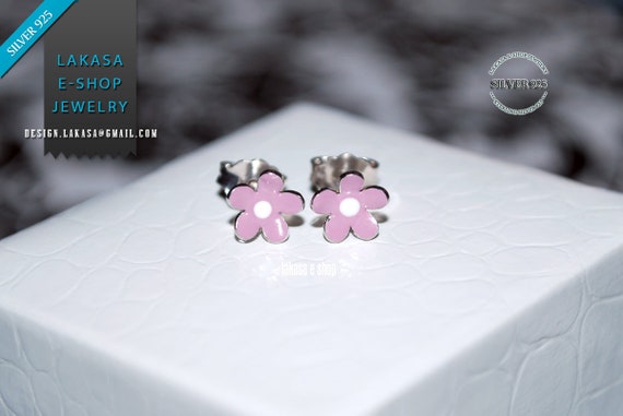 Purple Enamel Flower Studs Earrings Sterling Silver 925 white Gold-plated Handmade Jewelry Baby Girl Moda Gift Kids Collection Floral Design