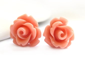 SALE - Peach Rose Stud Earrings