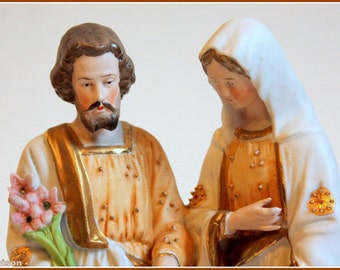 Hand painted antique bisque statue of the Holy Family, early 1900s.