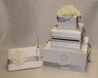 White/Silver Wedding Card Box and Matching Guest Book/Pen