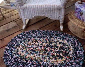 Handmade Floral Rag Rug|Black Boho Crochet Mat|Shabby Chic|Rustic|Vintage Decor|Mashine Washable|Cotton Accent Rug