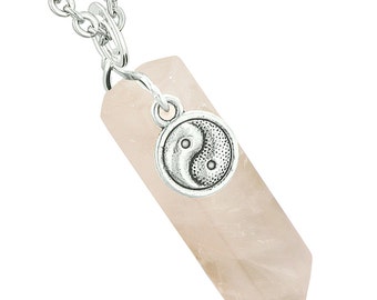 Yin Yang Balance Powers Magic Amulet Crystal Point Pendant Rose Quartz 18 Inch Necklace