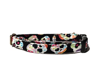 Dia De Los Muertos - Black Colorful Sugar Skull Day of the Dead Halloween Organic Cotton CAT Collar - All Antique Metal Hardware