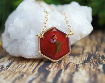 Real Flower Necklace, Flower Hexagon Necklace, Minimalist Hexagon Necklace, Pressed Heather, Mothers Day Gift, Natural Jewelry