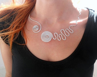 Open collar necklace Silver wire necklace Spiral necklace Spiral jewelry Statement jewelry Wire jewelry Unusual necklace Funky jewelry
