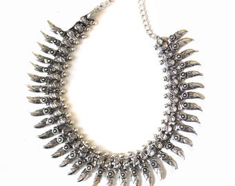 Silver Fringe Necklace,BIB Necklace,CHOKER,Kutchi Jewelry,Temple necklace, Tribal,Ethnic flare,Gift ,Vintage Jewelry by Taneesi