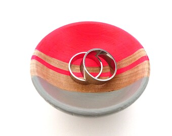 Neon pink and gray wood dish, jewelry dish, ring cup, mini jewelry holder